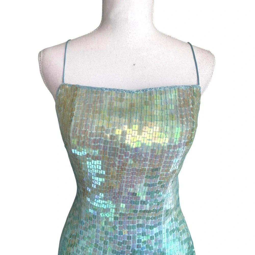 Vintage Cache Silk Beaded Ombré Sequins Iridescent Gown Mermaid Embellished Y2k - Picture 3 of 16